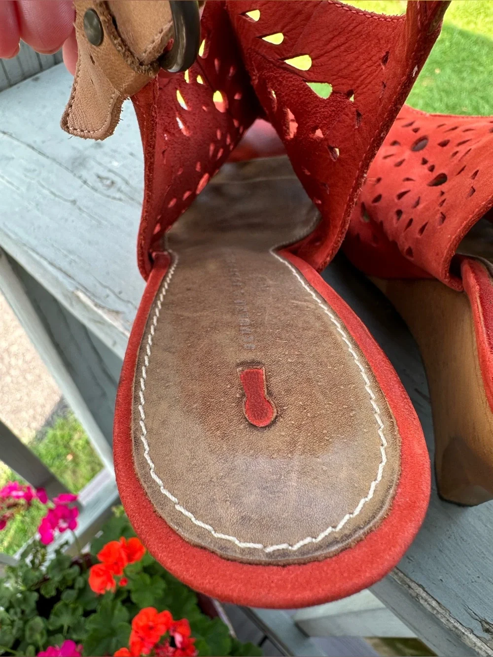 SCHULER & SONS PHILA 7.5 Orange Suede Laser-Cut Wedge Sling Back Sandals Wood